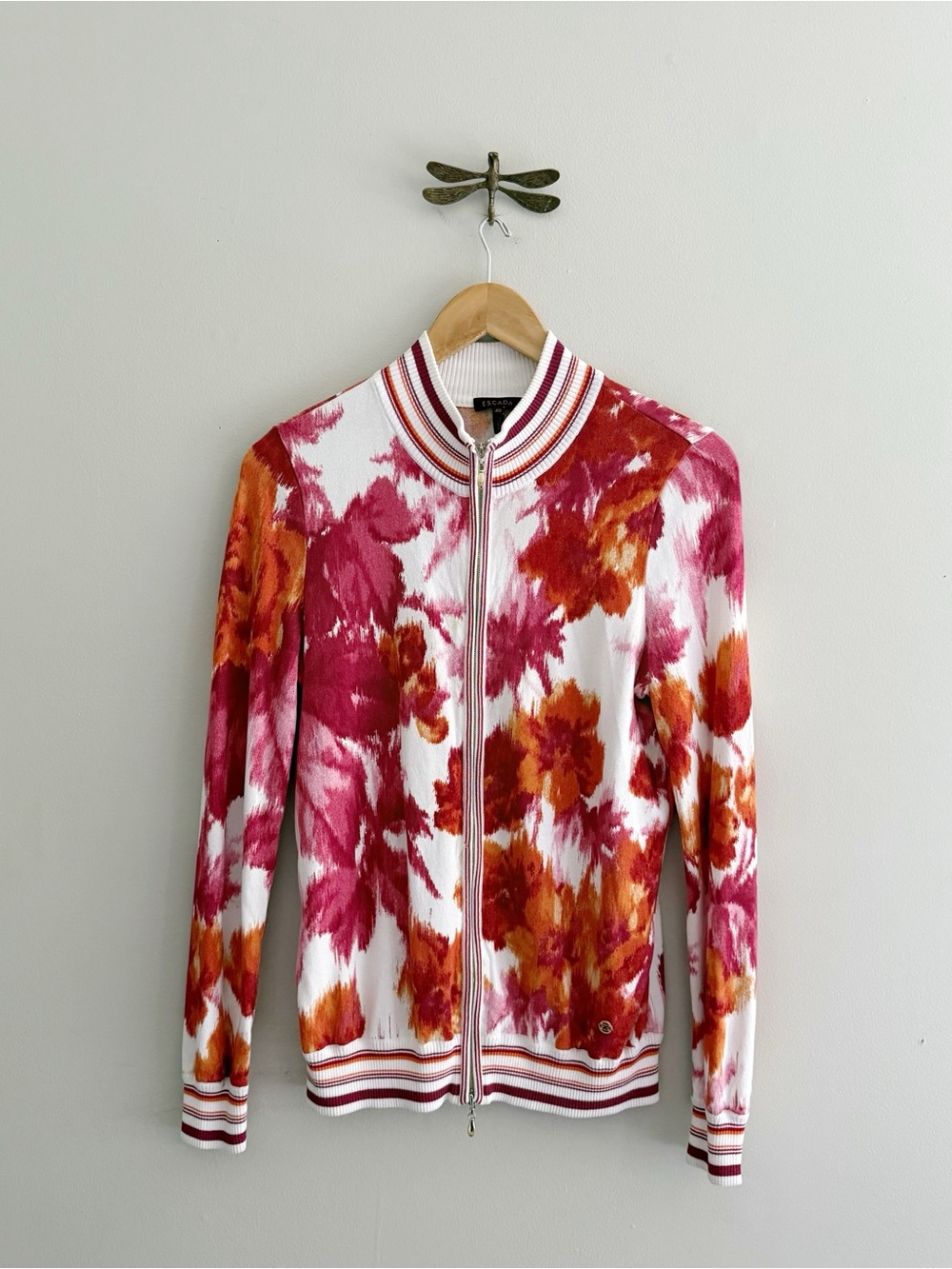 Escada Brush Stroke Floral Zip-Front Knit Bomber Jacket Red and Orange
